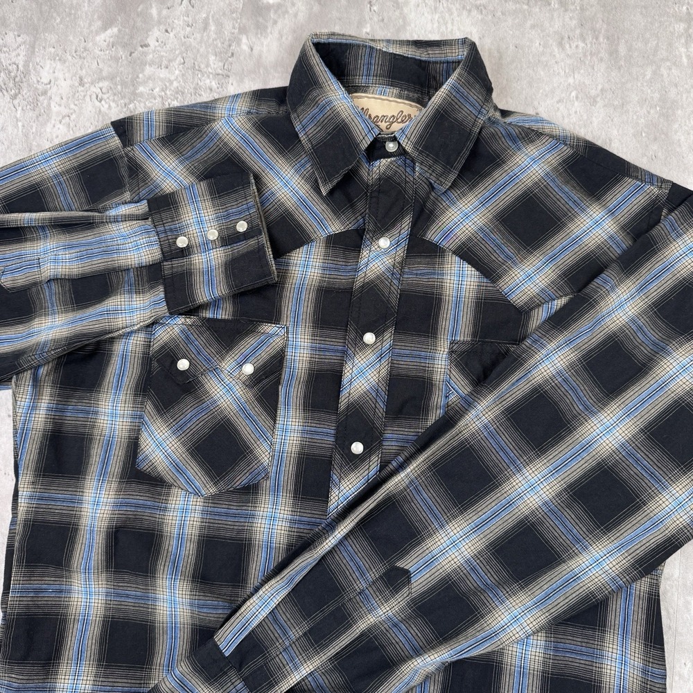 Wrangler‎ Pearl Snap Shirt Mens M Plaid Black Western Saw Tooth Long Sleeve